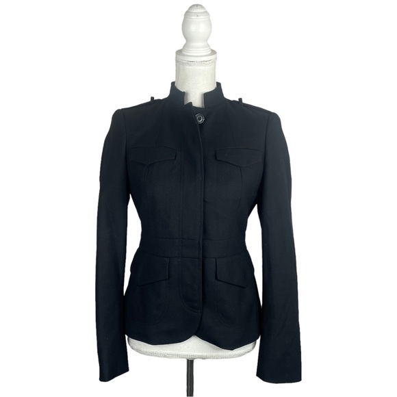 Classic Black Mock Neck Military Inspired Wool Jacket - Picture 4 of 14